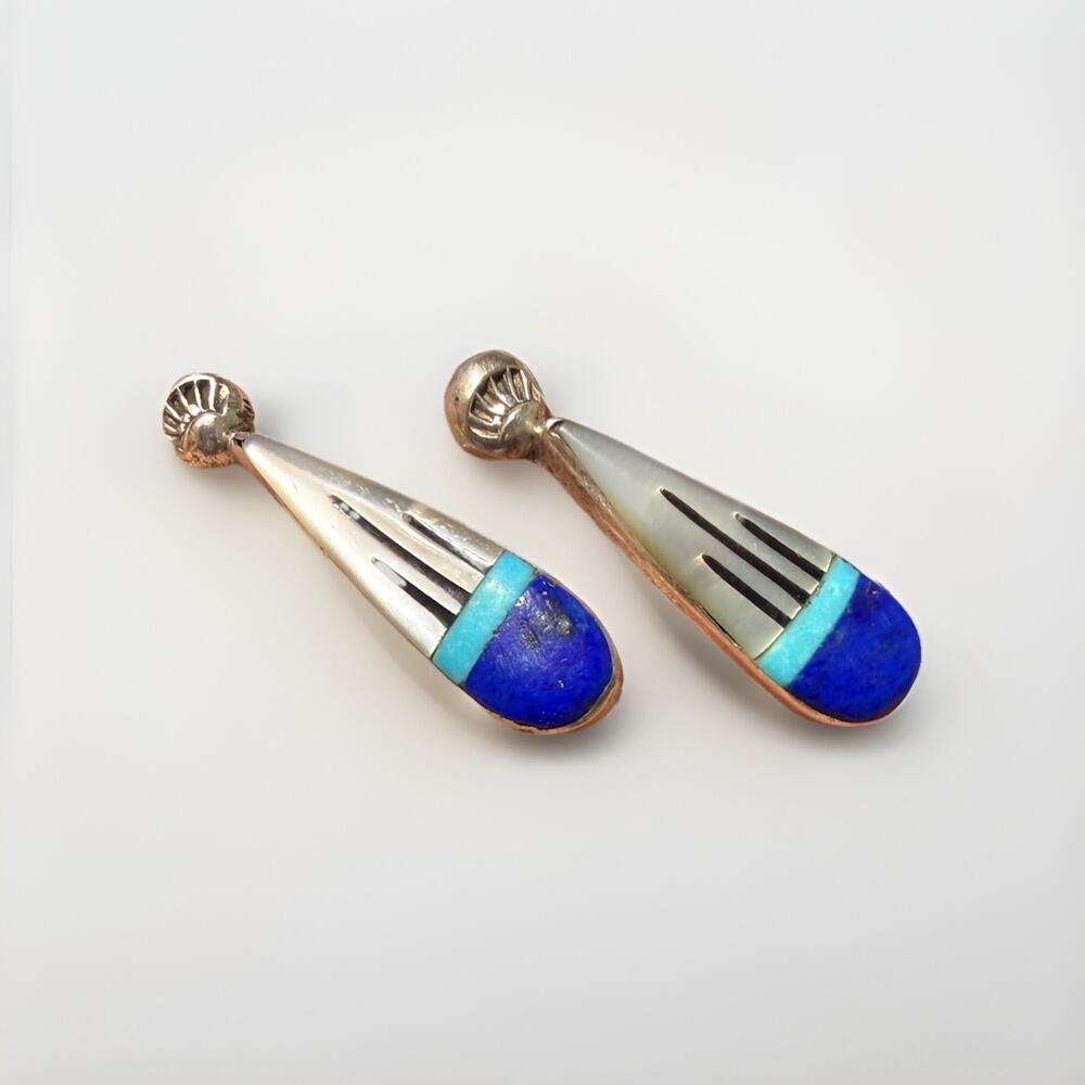 Vintage‎ Native American Turquoise Inlay Teardrop Sterling Silver Stud Earrings